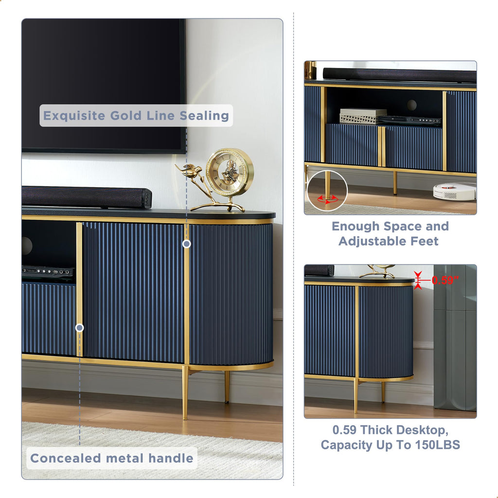70" Fluted TV Stand with Storage, Faux Marble Top Entertainment Center for TVs Up to 80", Modern Curved Edge Media