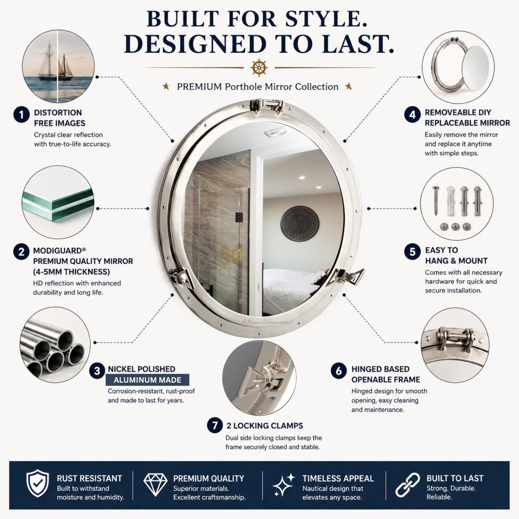 Metal Crafted Nickel Plated Aluminum Porthole Bathroom Decor Mirror (30 Inches)