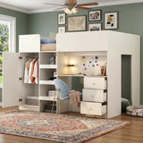 Full Loft Bed with Desk, Wood Full Loft Bed Frame with Built-in Wardrobe, Storage Shelves and Drawers, Beige