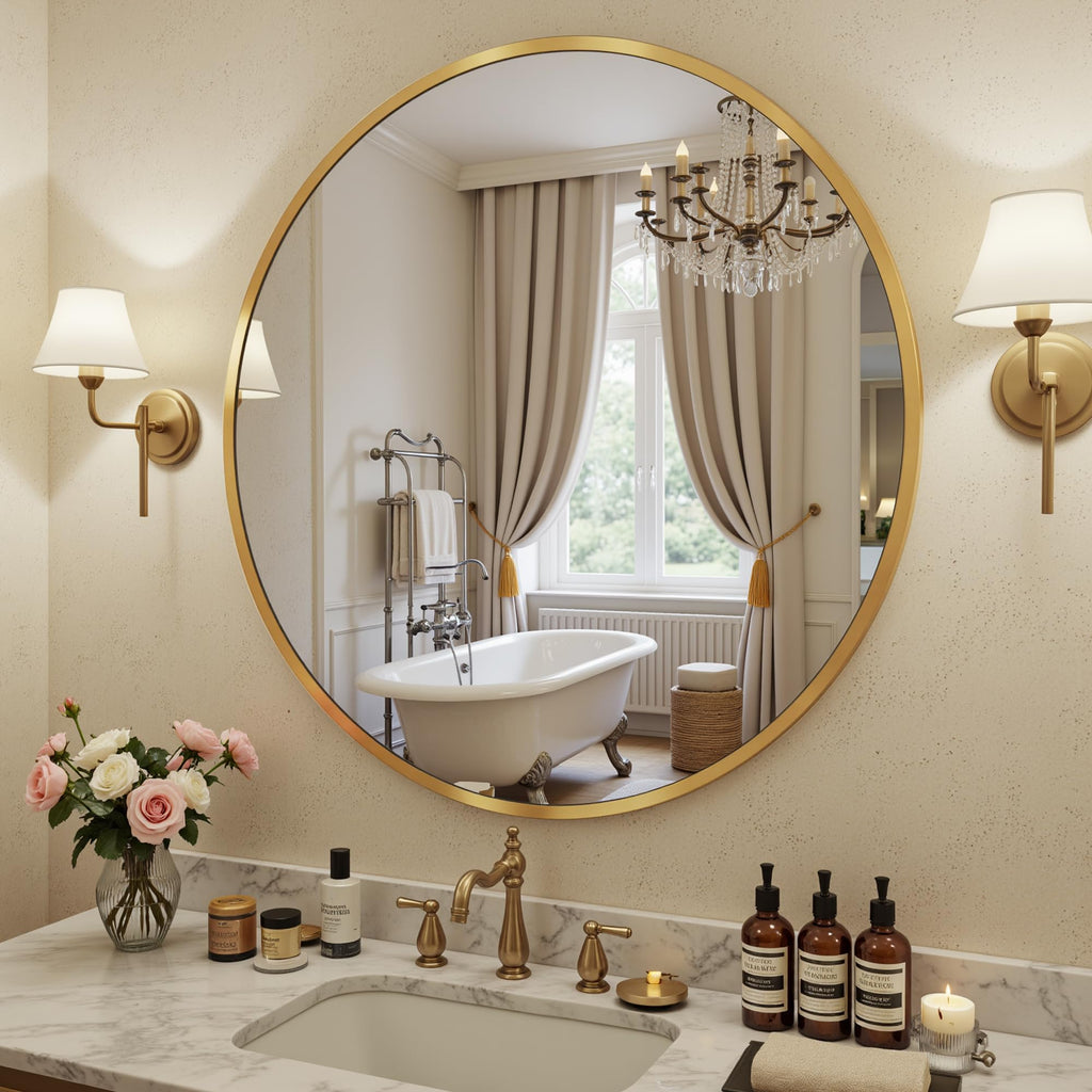 24 Inch Round Mirror for Wall, Round Bathroom Mirror, Circle Wall Mirrors with Gold Metal Frame, Circle Mirrors