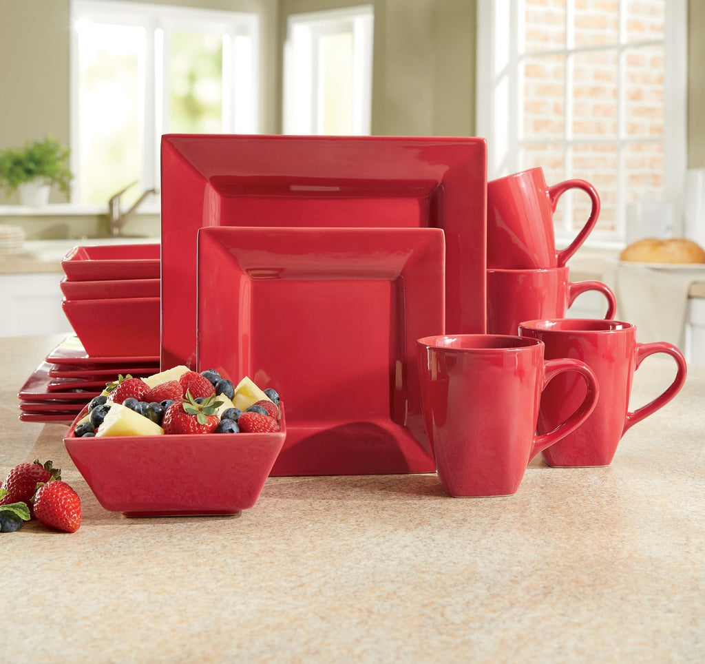 16-Piece Modern Square Dinnerware Stoneware - Red