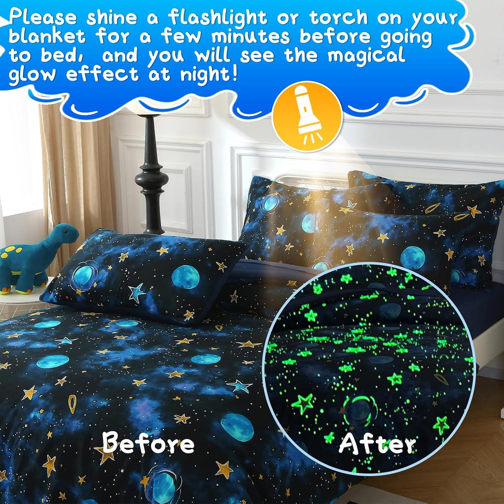 Glow in The Dark Kids Comforter Set, 4 Pieces Blue Space Bedding Set Full for Boys Girls Teen, 1 Comforter, 1