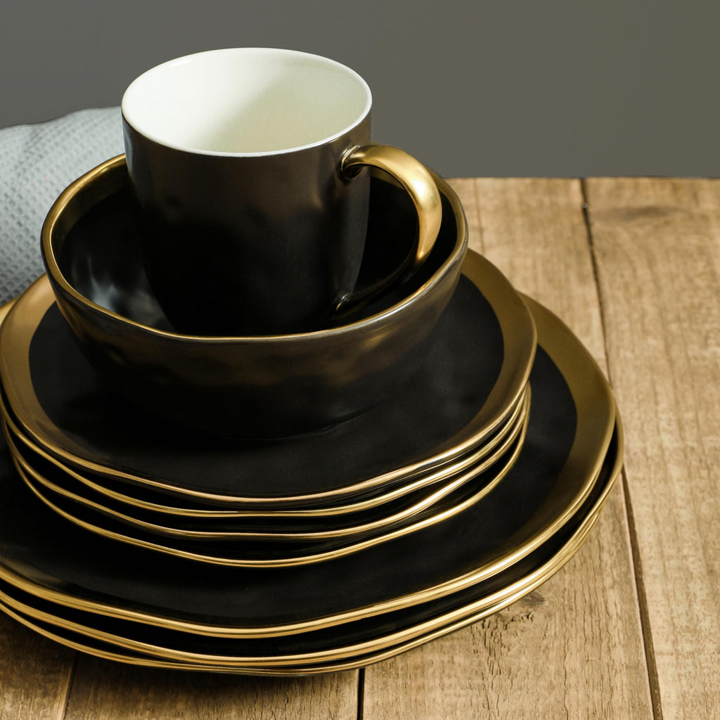 Lain Florian Modern Porcelain 16 Piece Dinnerware Set, Plates and Bowls Set, Dish set for 4, Black And Golden Rim