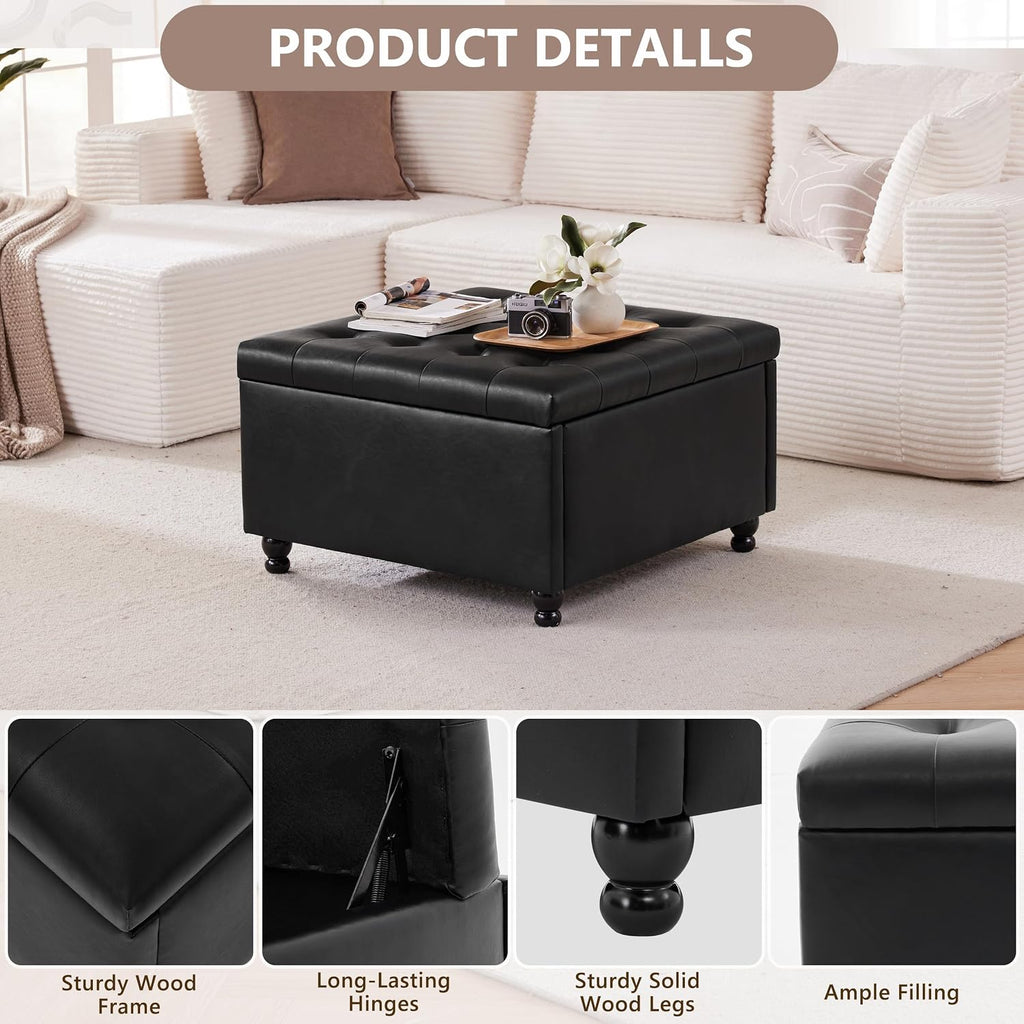 30" Large Square Ottoman with Storage, Leather Ottoman Coffee Table, Black | Tufted Upholstered Ottoman , Oversized