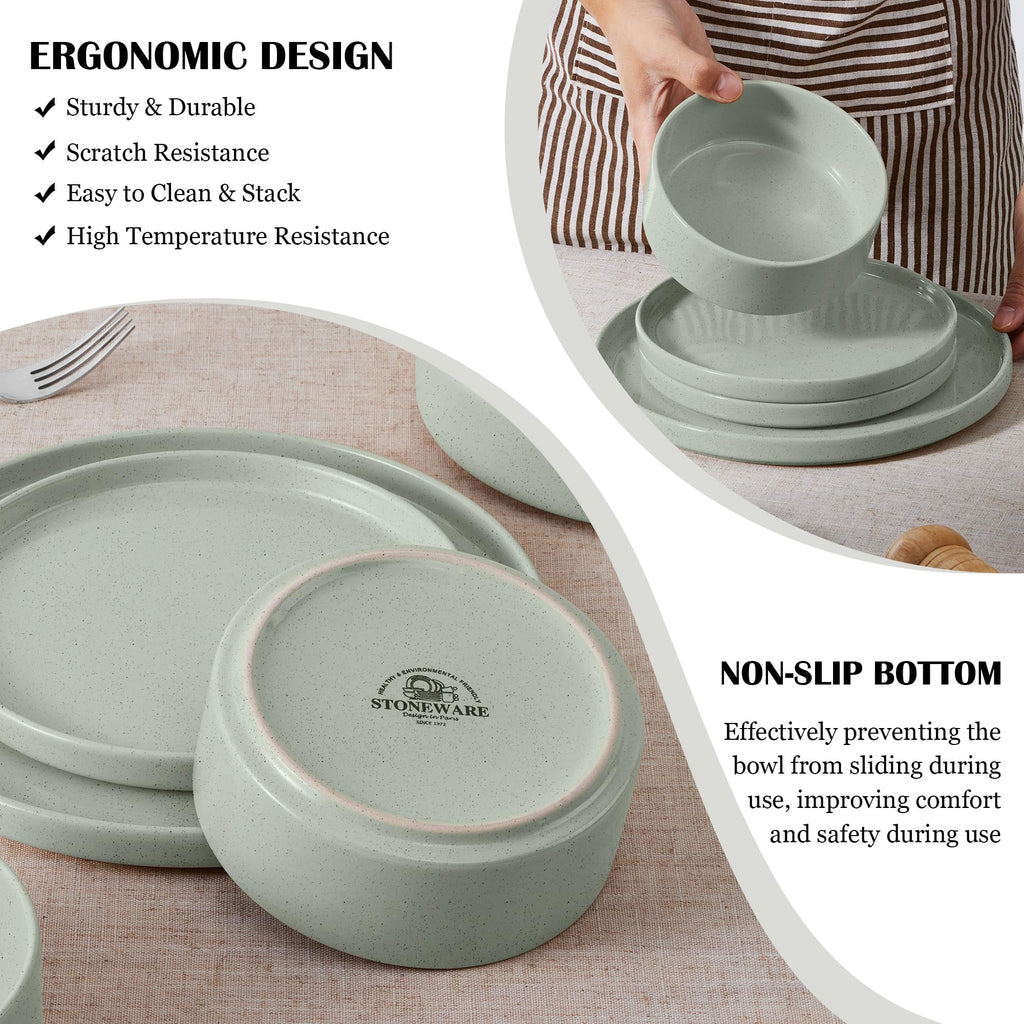 Dinnerware Sets for 6, 18-Piece Stoneware Plates and Bowls Set, Green