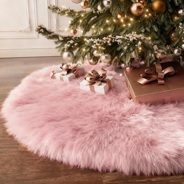60 Inch Pink Faux Fur Christmas Tree Skirt Plush Xmas Tree Base Cover