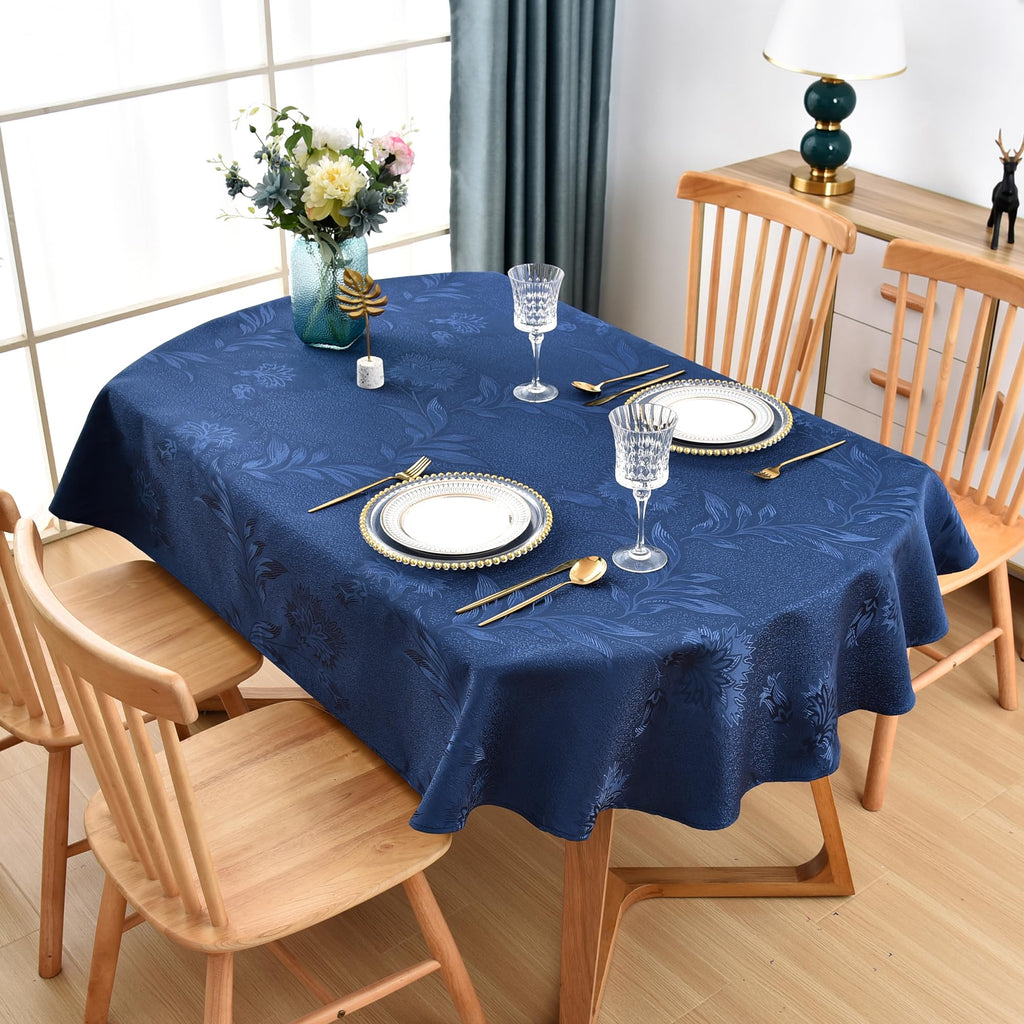Shiny Oval Jacquard Tablecloth 60 x 102 Inch Navy Blue