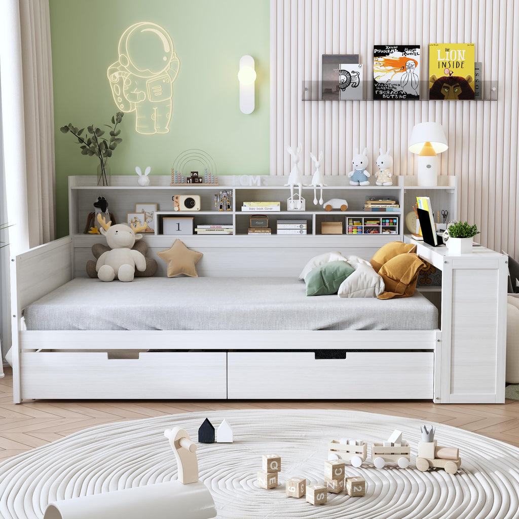 Full Size Daybed with Desk and Storage Drawers, Antique White