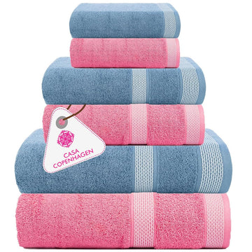 Solitaire 6Pcs 100% Egyptian Cotton Large Designer Towels Gift Set- Dusty Rose - Dusty Blue, 2Bath 2Hand 2Washcloths