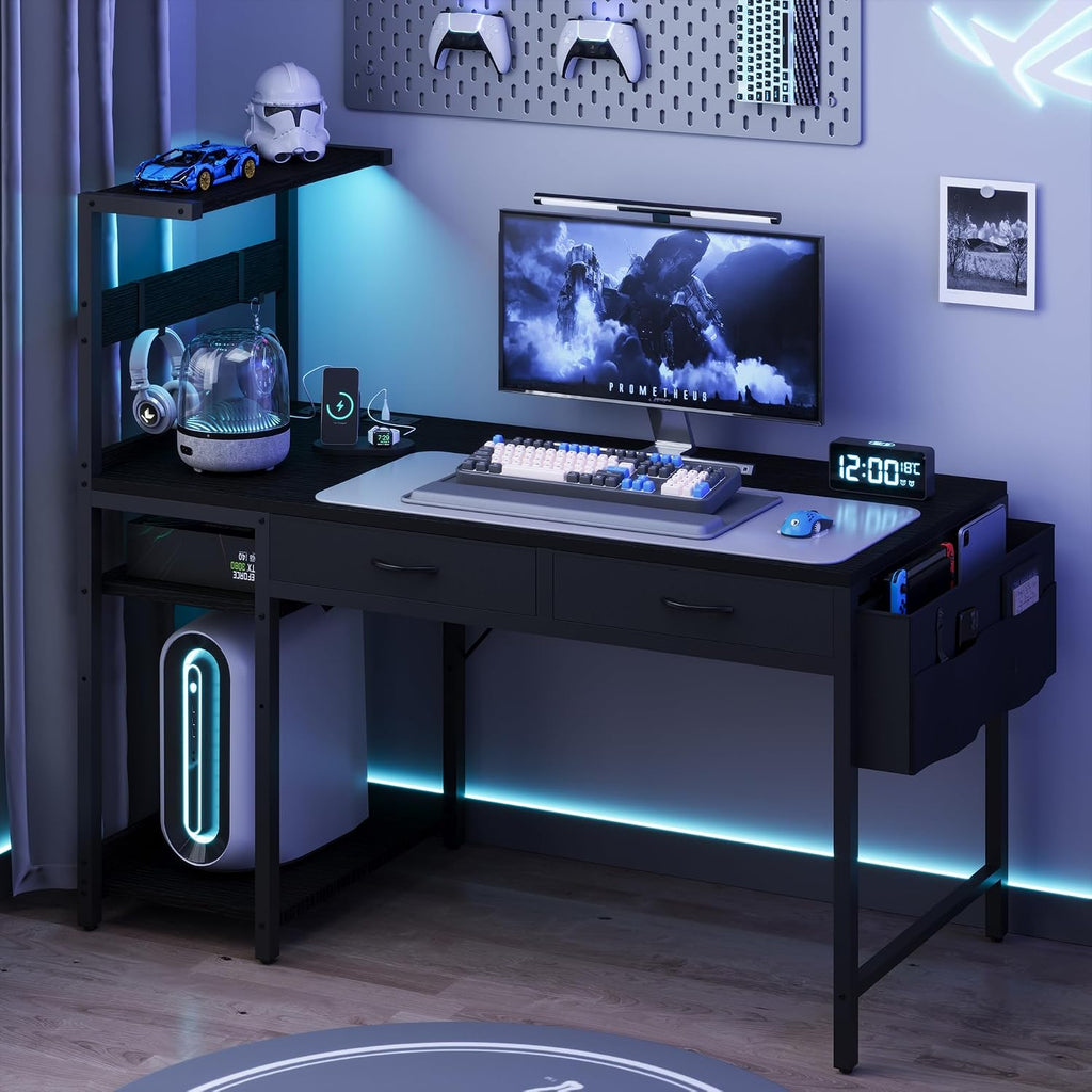 40 Inch Small Gaming Desk with Drawers & Led Lights & Storage Bag, Black | Reversible Storage Shelf, Power Outlets