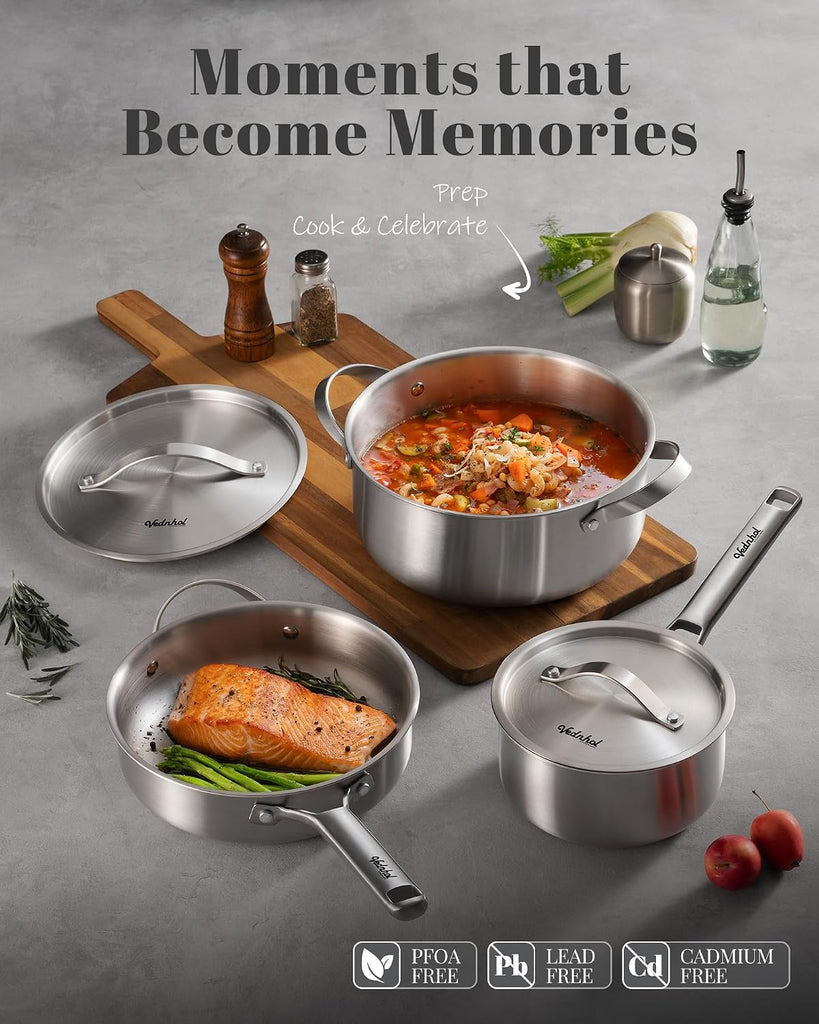 Stainless Steel Cookware Set, 8 Pcs Tir-Ply Pots and Pans Set, PFOA&PTFE Free, Dishwasher&Oven Safe, Kitchen