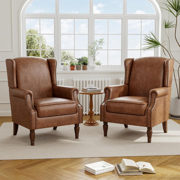 Faux Leather Wingback Accent Chairs with Wood Legs, Brown - Set of 2