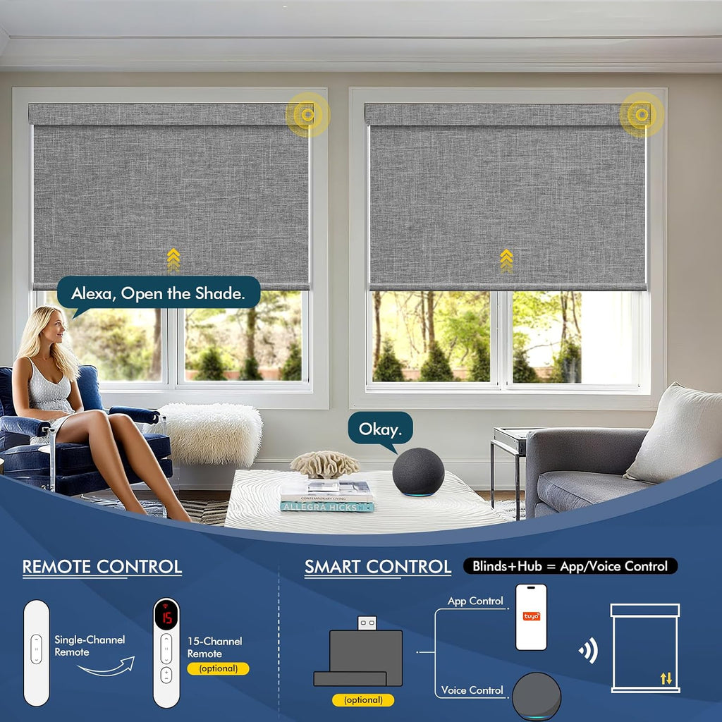Motorized Blinds with Remote,100% Blackout Smart Roller Shades,Rechargeable Smart Blinds【Solar Panel Included】