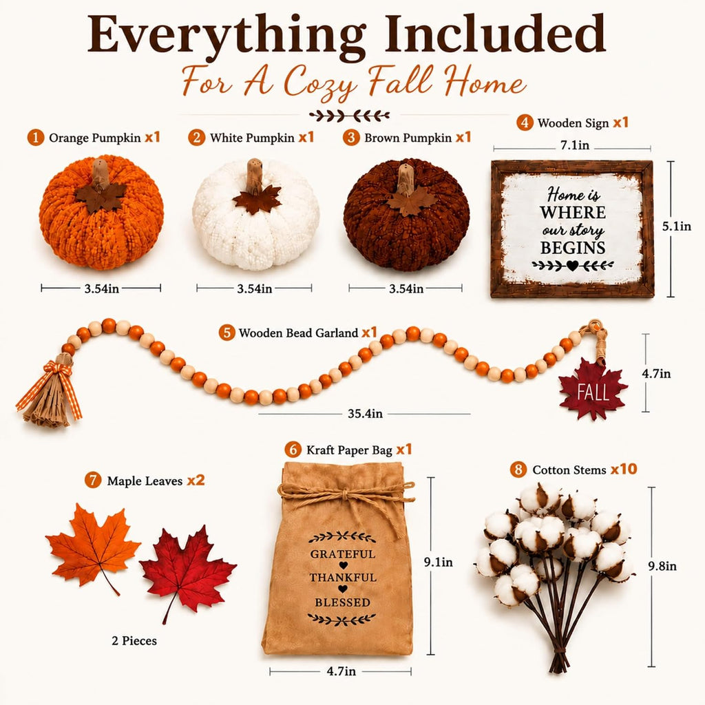 Fall Decor Set, Cozy Autumn Decorations with Pumpkins - Set of 8