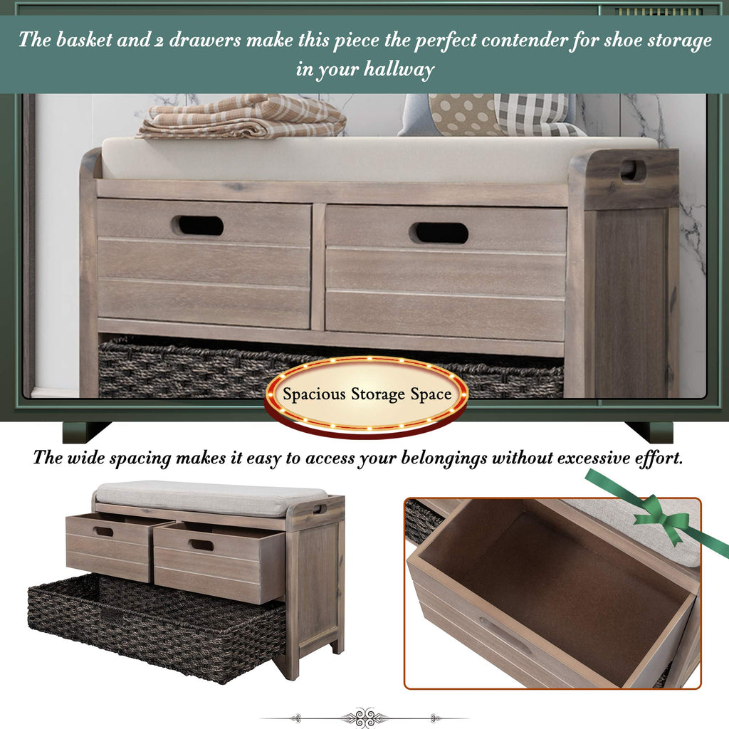 Storage Bench with Drawers and Basket, Farmhouse Shoe Bench with Seating and Cushion Entryway Living Room, Full