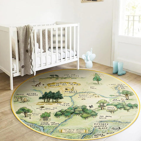 5ft Washable Round Nursery Rug, Cute Woodland Kids Play Rug