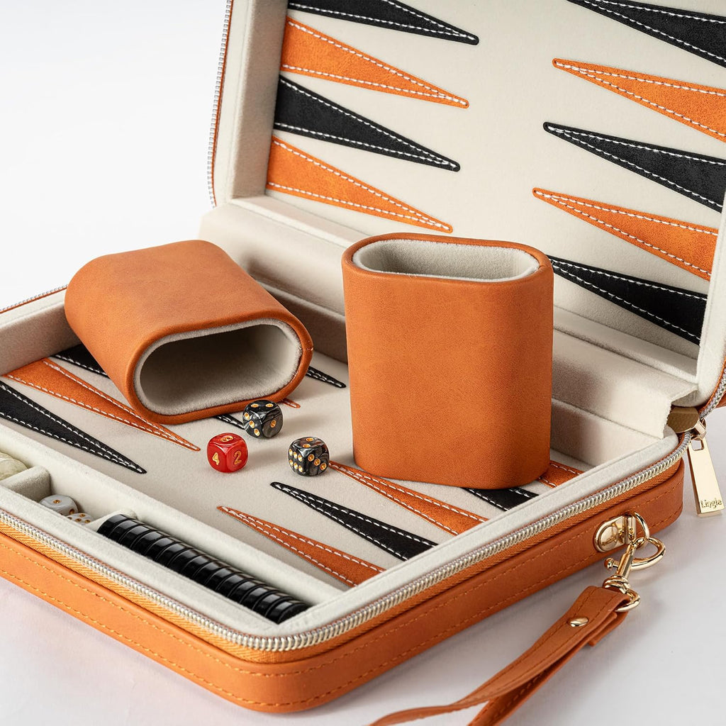Backgammon Sets for Adults and Kids, Classic Backgammon Board with Unique Checkers Dice, Folding Faux Leather