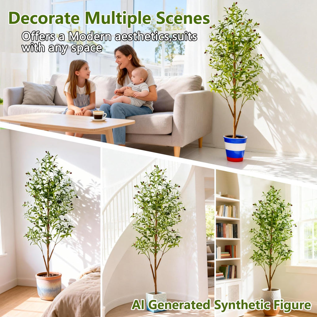 6FT Artificial Olive Tree Indoor, Tall Faux Olive Tree with Pot&Basket, Large Fake Olive Tree with Realistic 1080