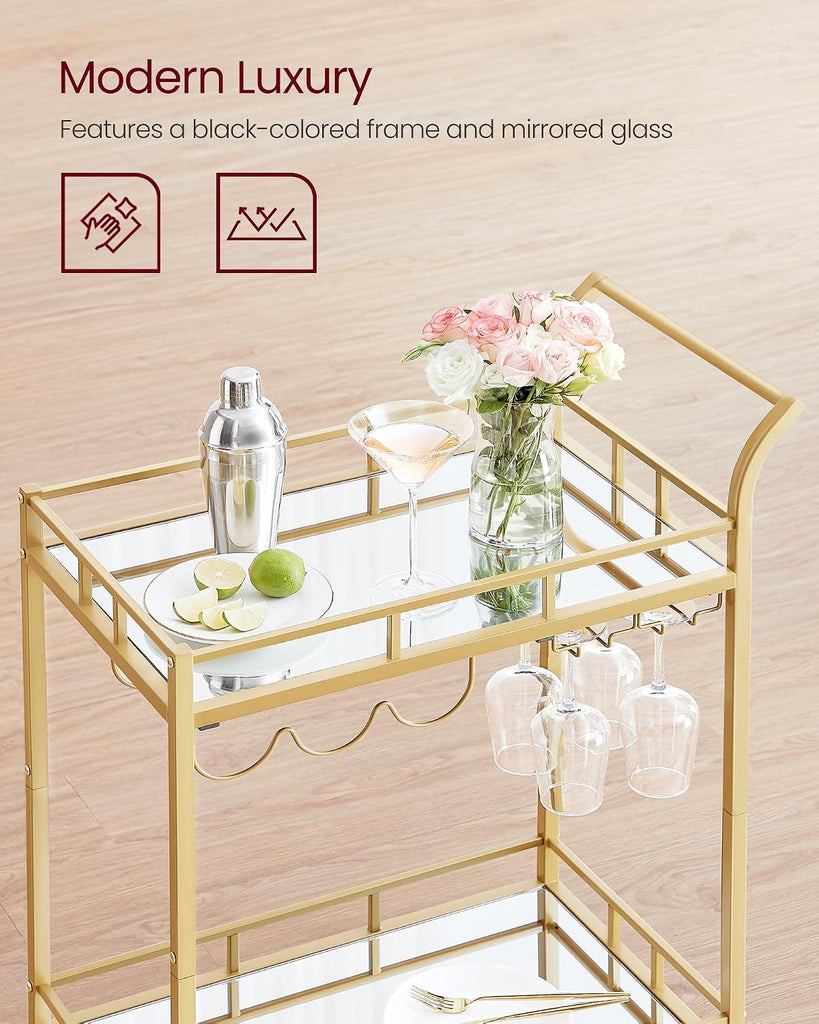Bar Cart Gold, Home Bar Serving Cart, Wine Cart with 2 Mirrored Shelves, Wine Holders, Glass Holders, Gold ULRC092A62