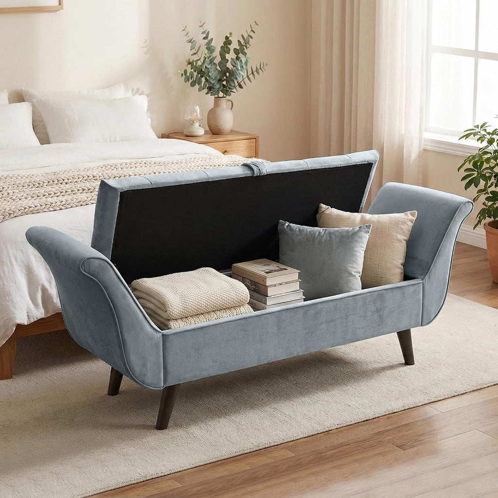 Velvet Storage Bench End of Bed Ottoman, Button-Tufted Upholstered Bed Benches s King with Rolled Arms and 4 Sturdy