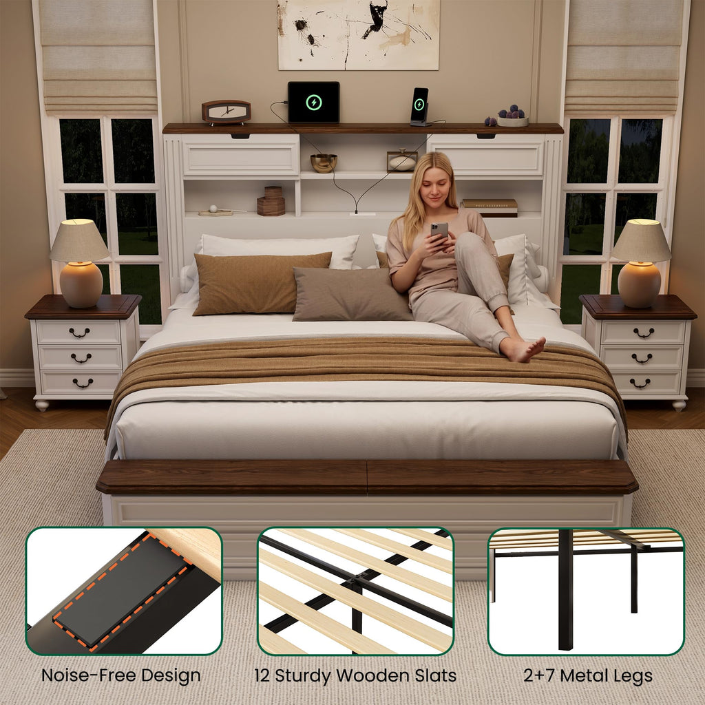 Farmhouse Bed with Headboard & Footboard Storage, White/Walnut
