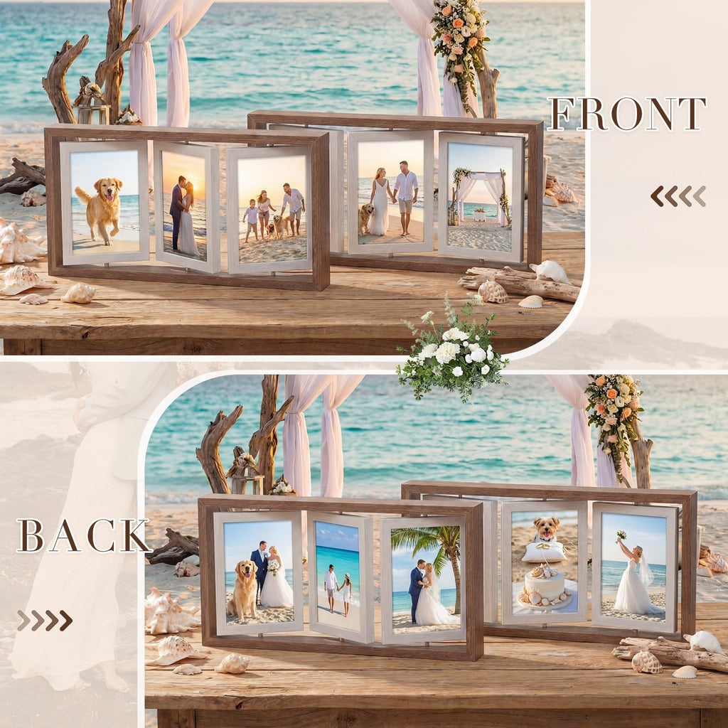 2 Pack 4x6 Rotating Picture Frame, Double-sided Display 6 Photos Rustic Wood Hinged Folding Triple Collage Photo