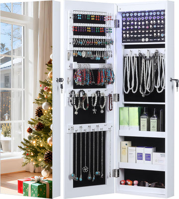 Full Length Mirror Jewelry Cabinet, 6 LEDs Jewelry Armoire Wall Mounted Over The Door Hanging, Jewelry Organizer