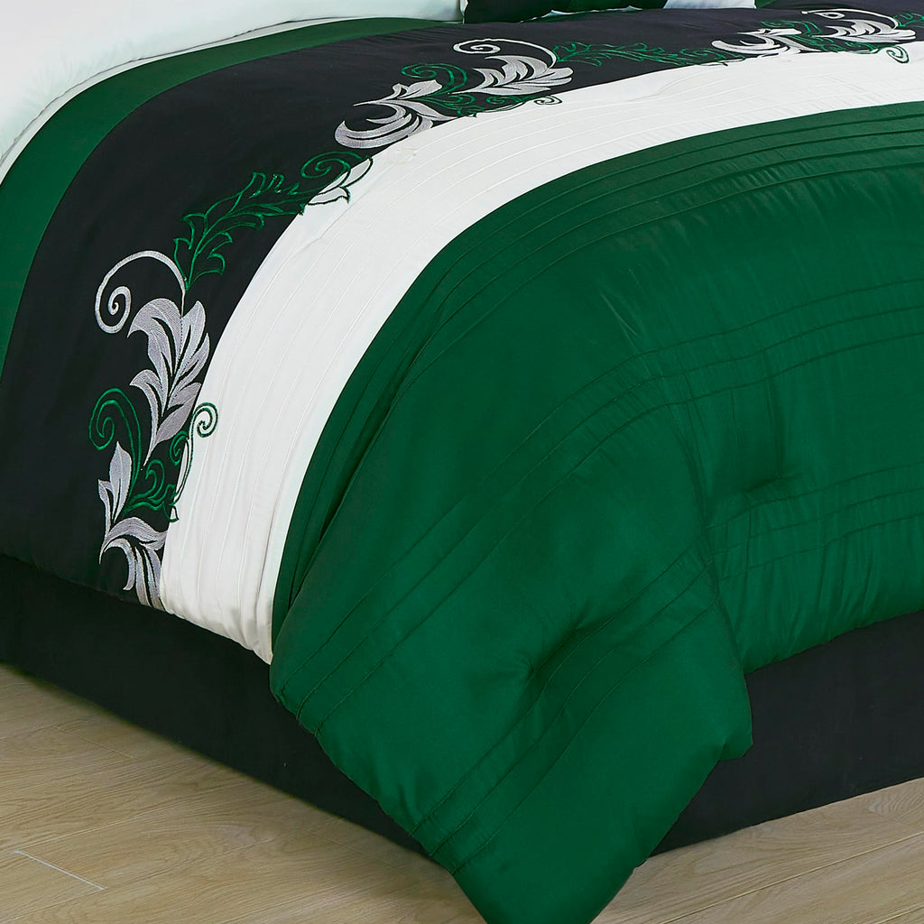 Napa 7-Piece Luxury Leaves Scroll Embroidery Bedding Comforter Set (Green/Black/Cream)