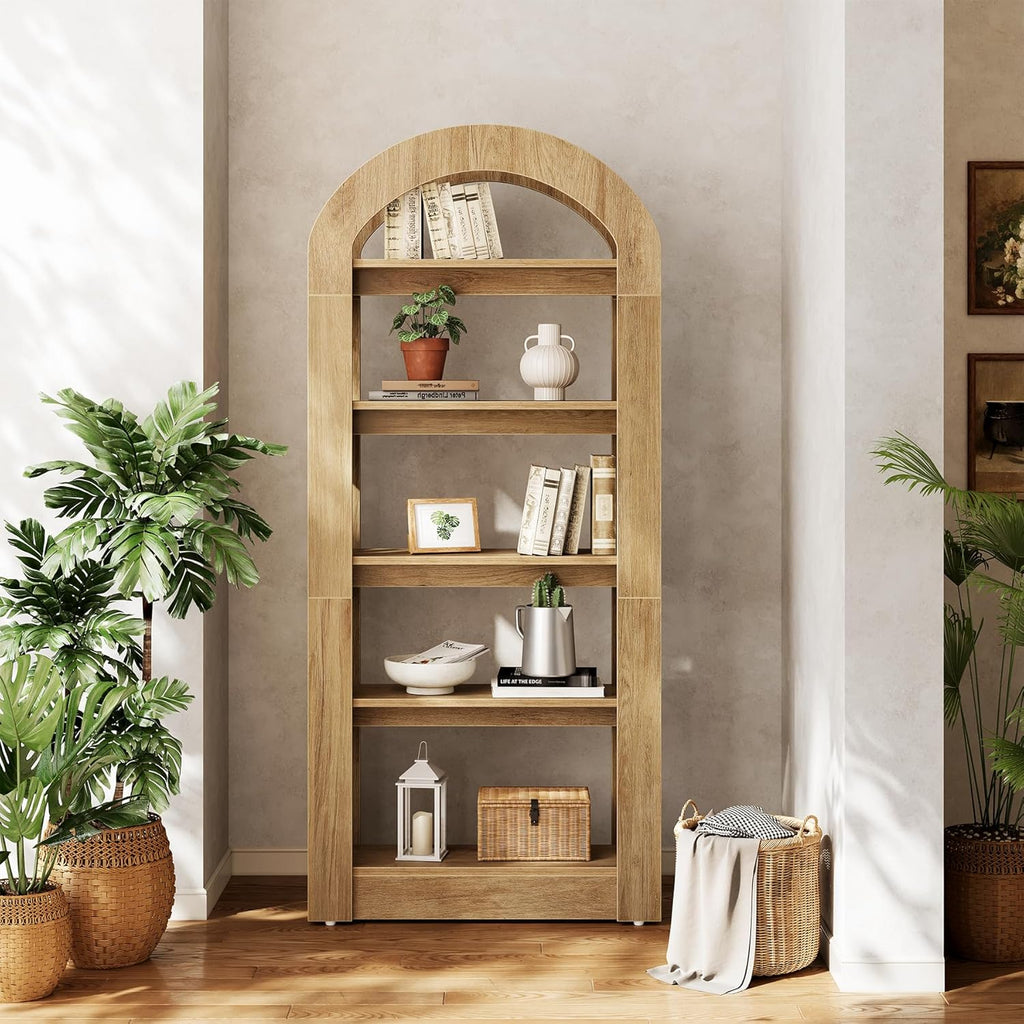 5-Tier Bookshelf, Arch-Shaped Racks, Tall Standing Wooden Bookcase Display Shelf Modern Storage Solution (2, Teak