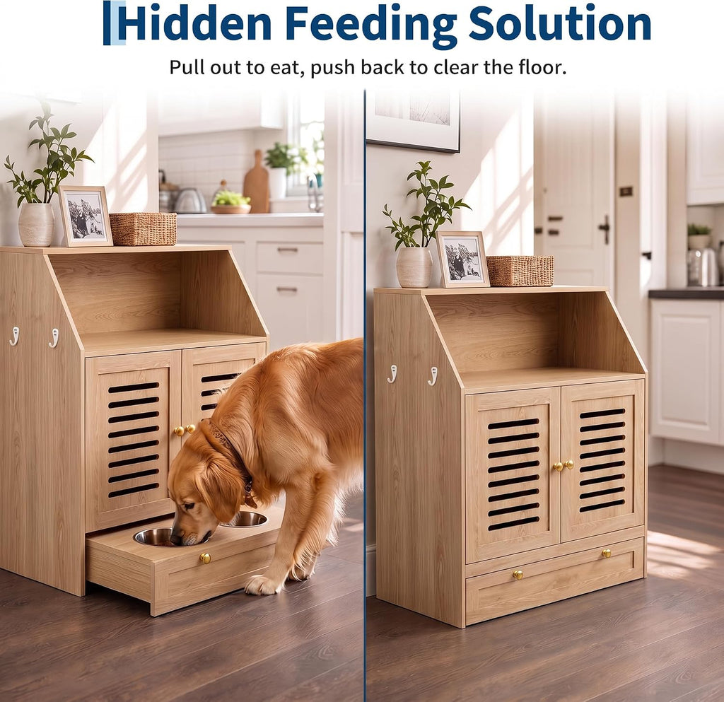 Dog Feeding Station with Storage & 2 Elevated Bowls, Natural