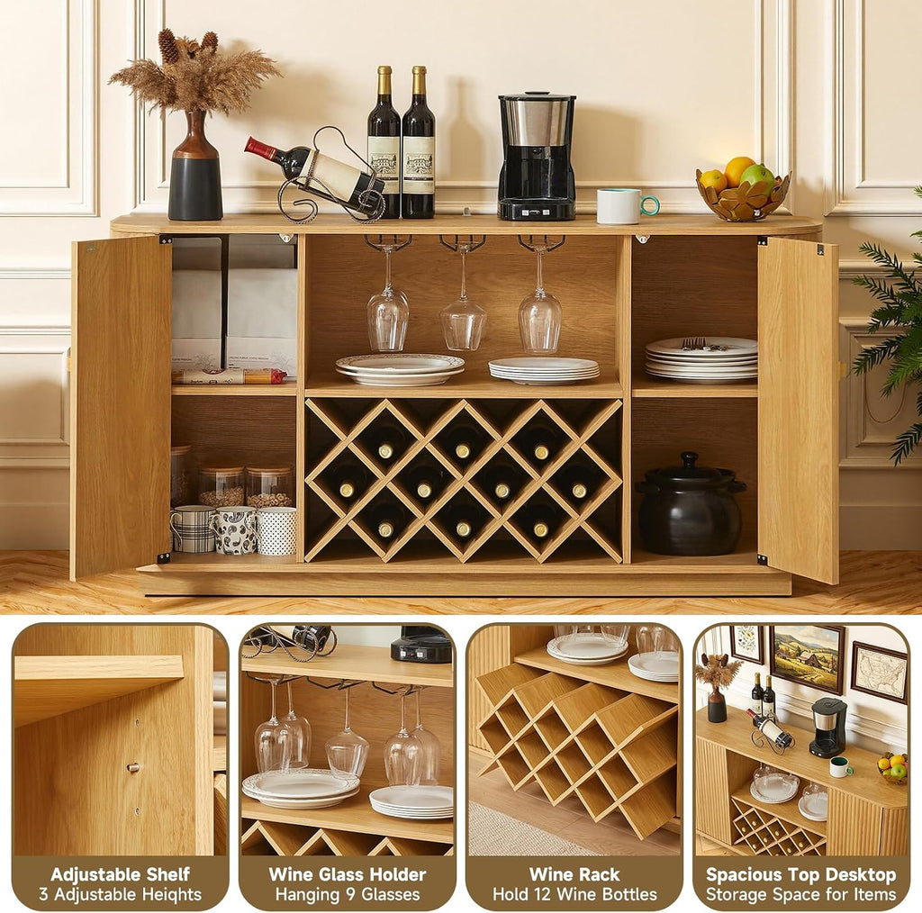 Fluted Coffee Bar Cabinet, 58" Wine Cabinet with Rack&Glass Holder | Wooden Buffet Sideboard, Farmhouse Liquor