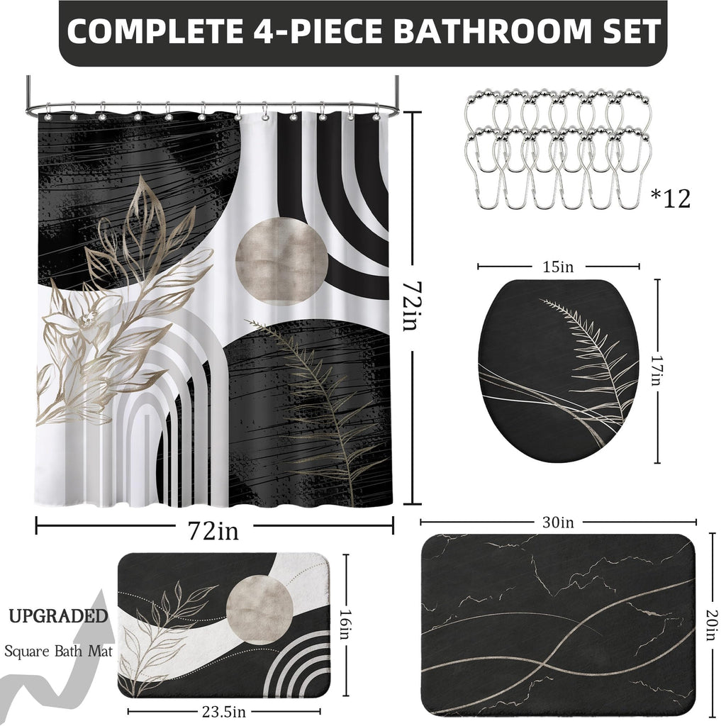 Black and White Shower Curtain Sets with Rugs, Boho Bathroom Decor