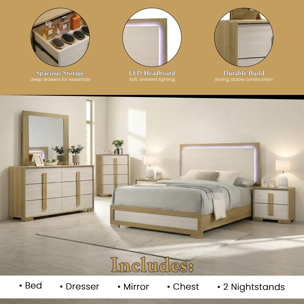 6-Piece Natural/White Bedroom Set - Bed with LED Lights, Dresser, Mirror, Chest and 2 Nightstands (Queen)