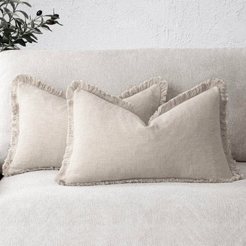Boho Linen Fringe Lumbar Throw Pillow Covers 12×20 Natural Beige