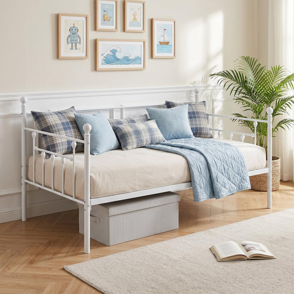 Twin Size Daybed Frame Metal Steel Slat Support with Headboard Sofa Bed Platform, Guest Room, Easy Assembly, White