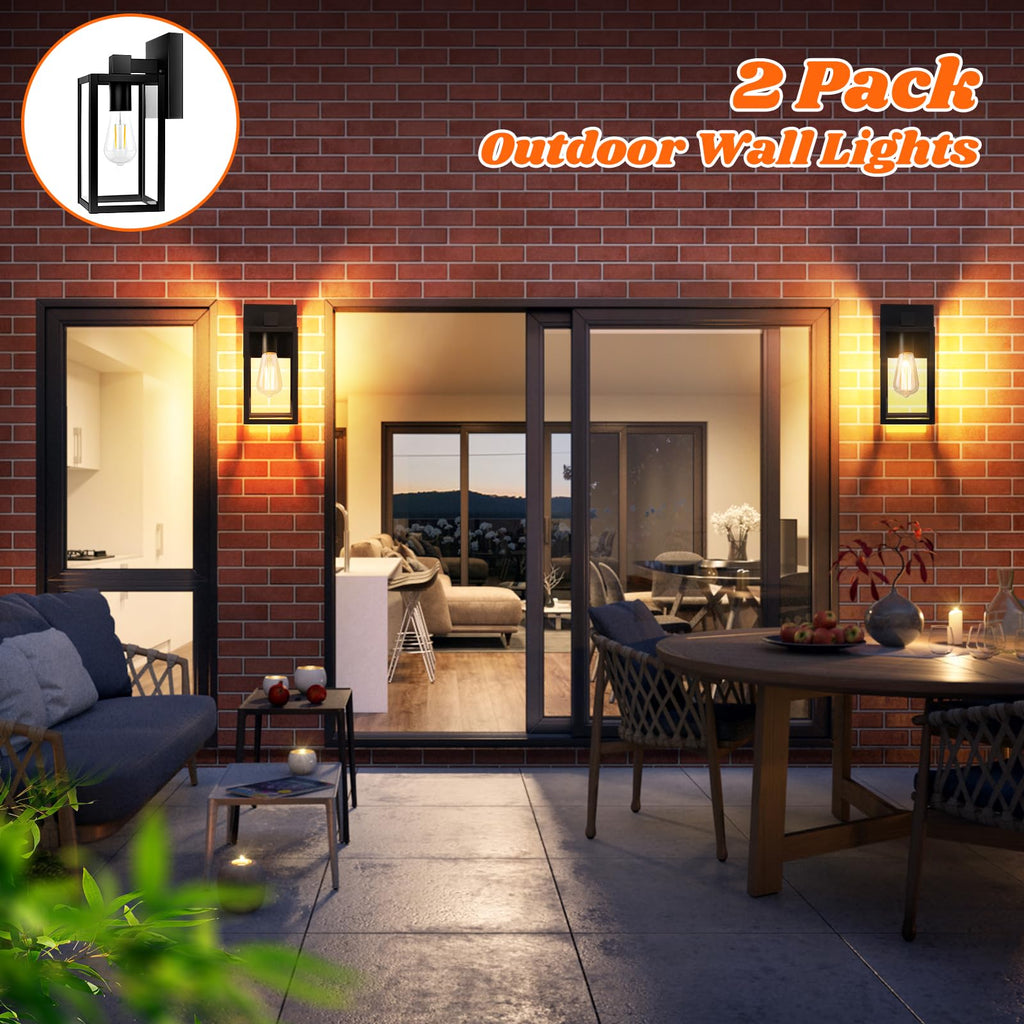 2-Pack Outdoor Wall Lantern, Exterior Waterproof Wall Sconce Light Fixtures, Black Outside Wall Lights with Clear