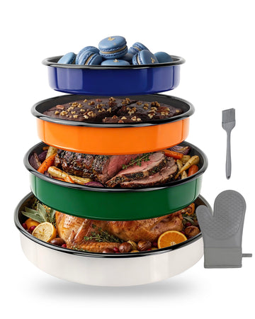 Round Turkey Roasting Pan Set of 4, Enamel Deep Dish Pizza Baking Pan