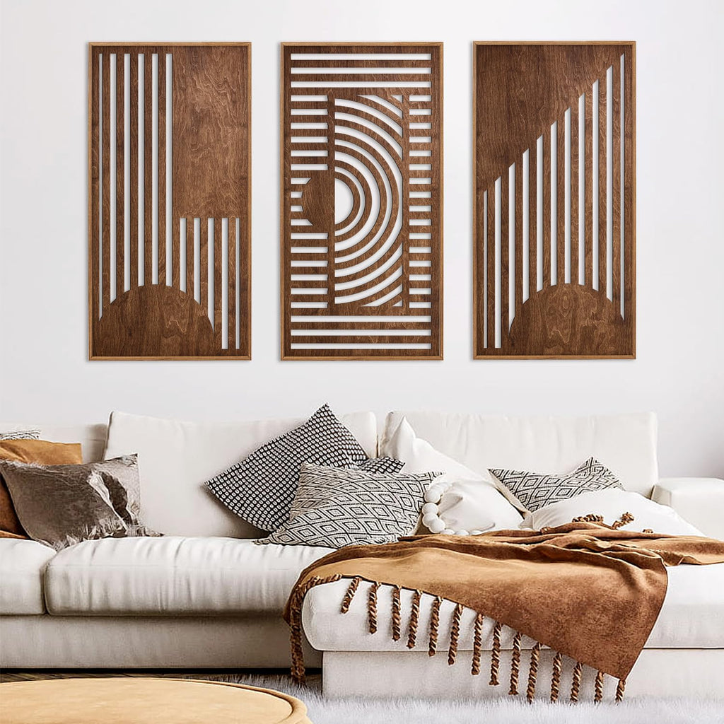 Abstract Geometric Framed Wooden Wall Art Decor(16"x32"x3pcs), Large Vintage Mid Century Rectangle Wall Sculptures