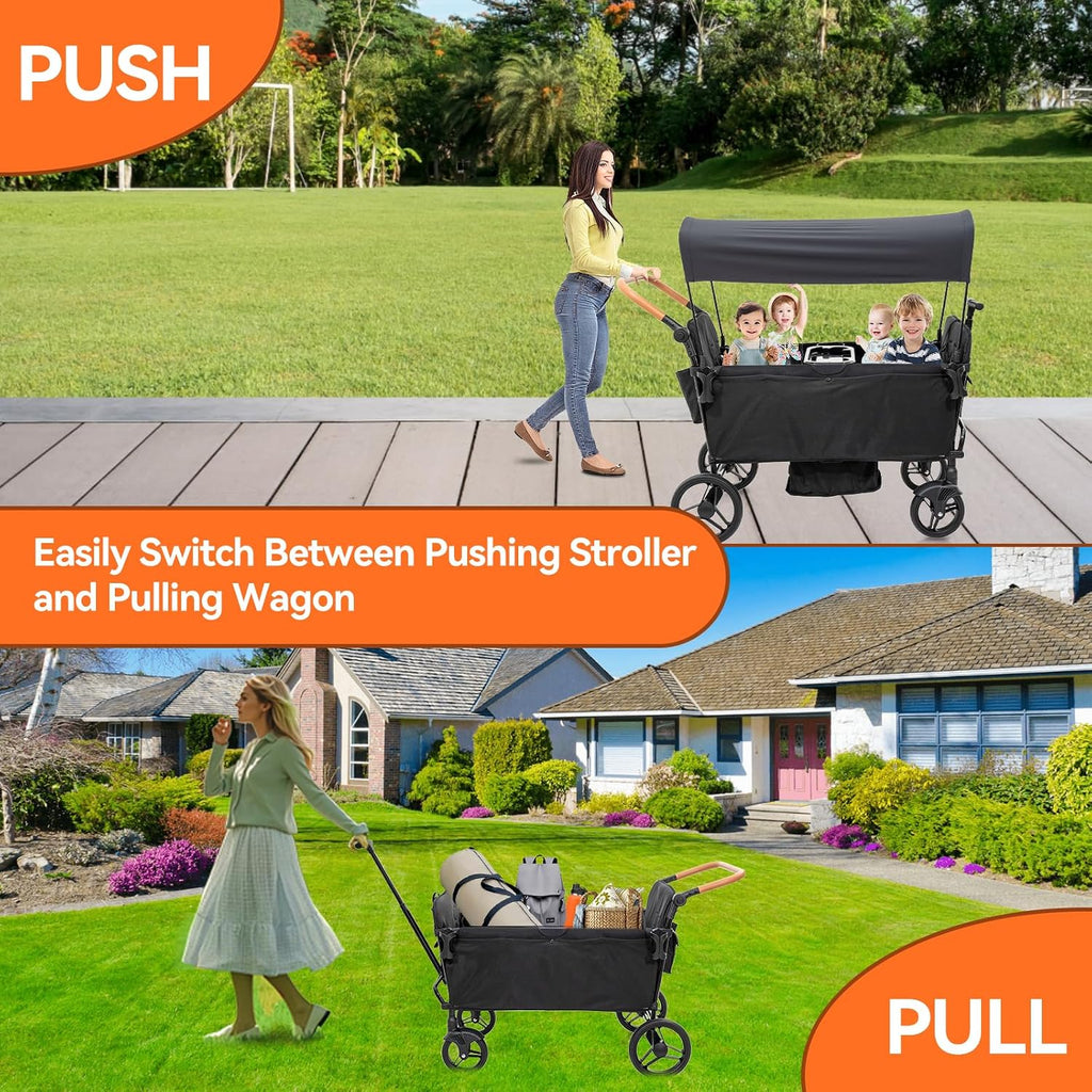Stroller Wagon for 4 Kids Seated-Tandem Push-Pull Travel Stroller