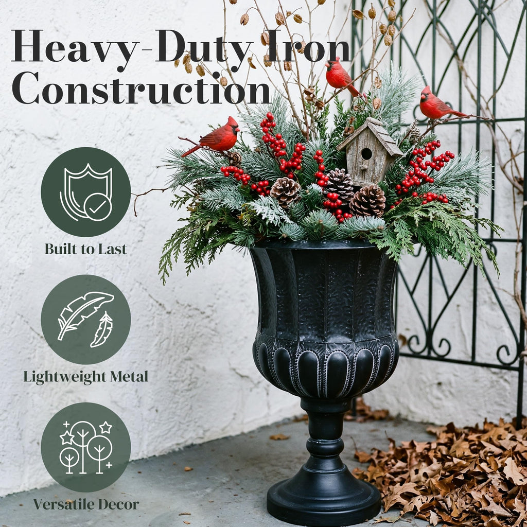 25" H. Metal Urn Planters 2-Pack - Black Traditional Classic Iron Plant Pots - Large Decorative Rustic Flower