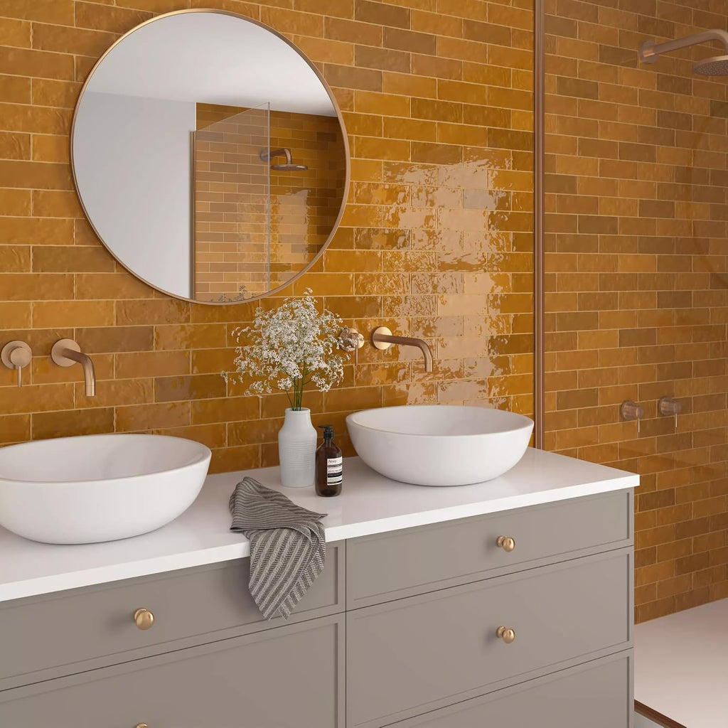 2.5x8 Mustard Glossy Handmade Look Ceramic Wall Tile - Spanish Zellige Style Subway Tile Backsplash, Bathroom, and