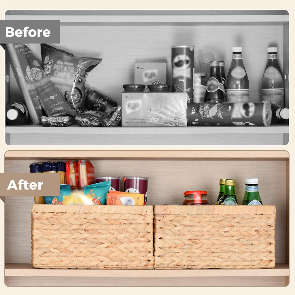 Set of 2 Wicker Shelf Storage Baskets for Organizing - Natural Durable Water Hyacinth Woven Basket Pantry Bin