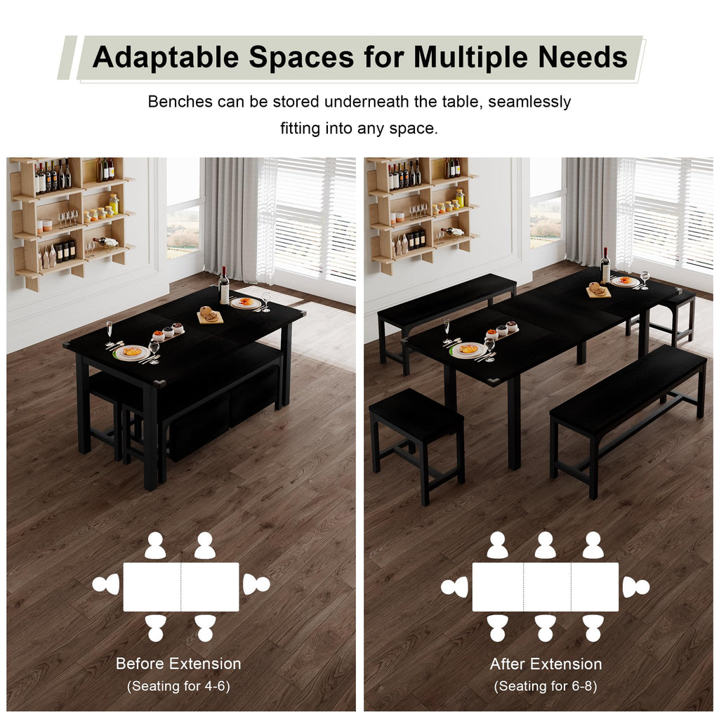 5-Piece Dining Table Set for 4-8 People, 63" Large Extendable Kitchen Table Set with 2 Benches and 2 Square Stools