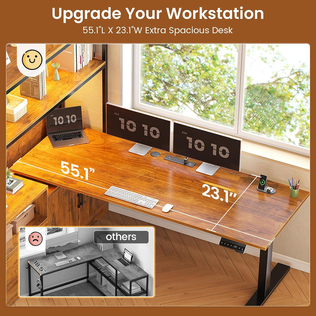 57" L Shaped Standing Desk, Sit Stand Office Desk with Storage Hutch | Rustic Brown Reversible Stand Up Corner Gaming