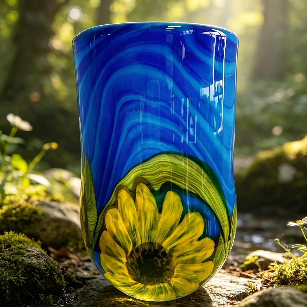 Hand Blown Art Glass Sunflower Vase - 13.78" Tall Mouth-Blown Artistic Sculpture with Vibrant Colors & Accents - Rich
