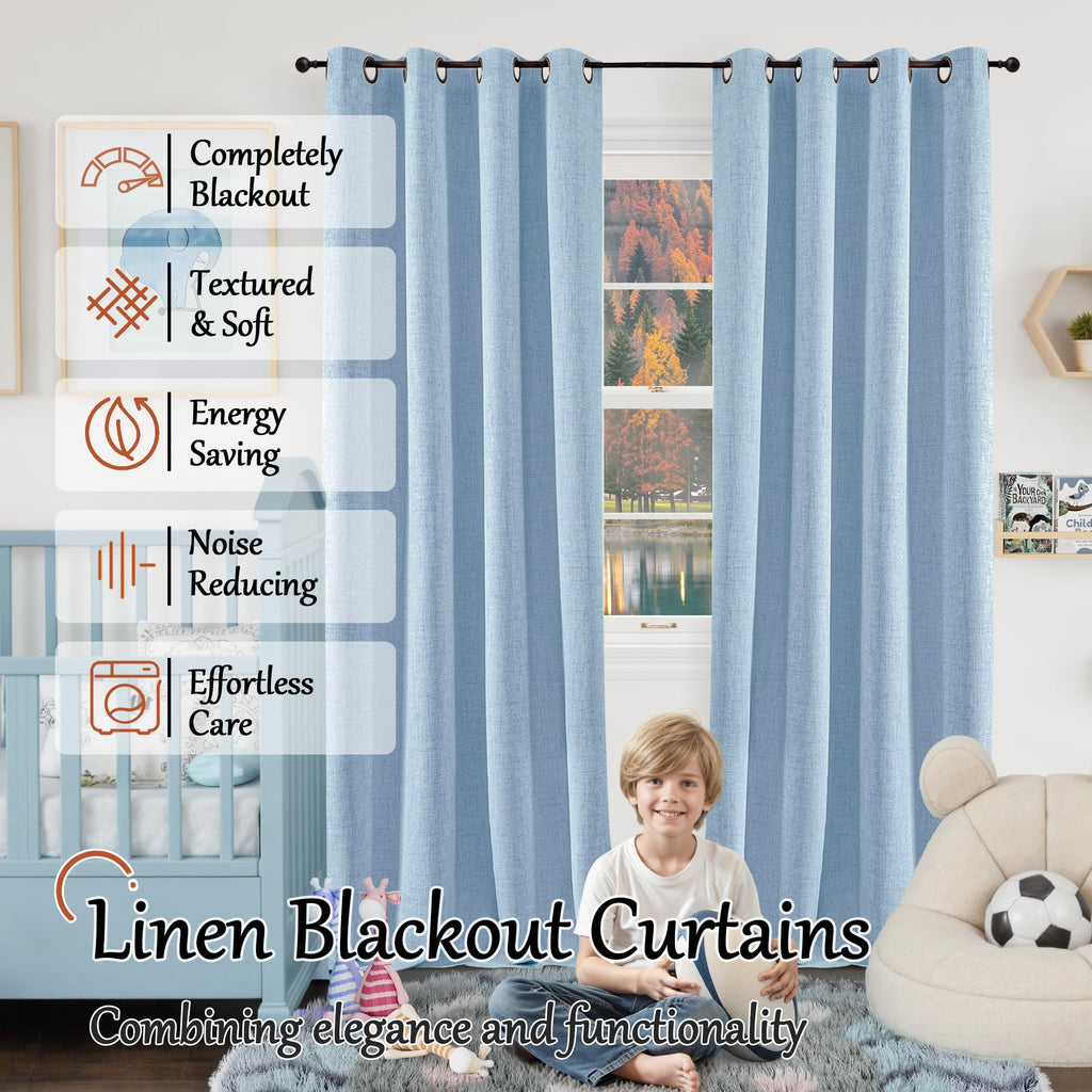 Baby Blue Linen Blackout Curtains - 52x84 Inch 2 Panels