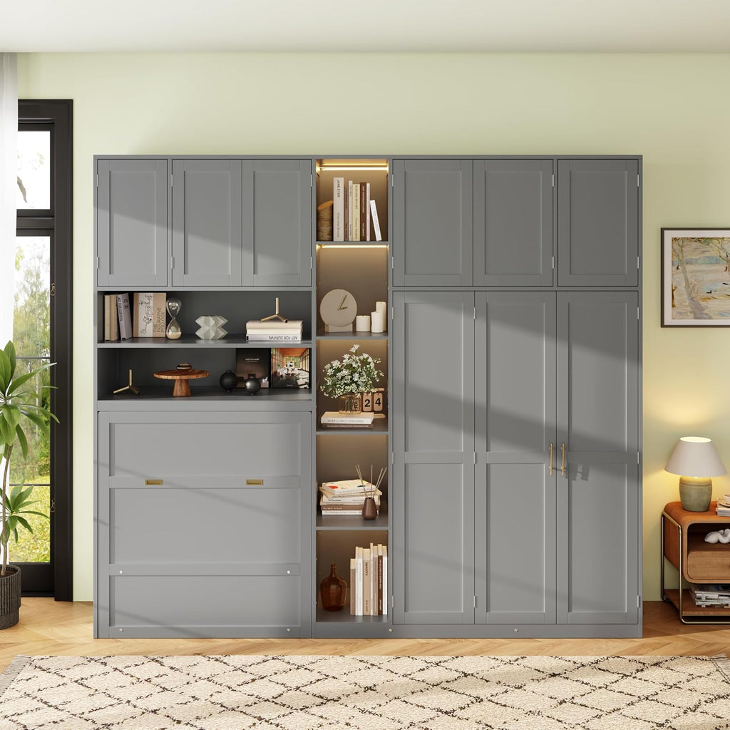 Twin Murphy Cabinet Bed with Wardrobe & 5‑Tier LED Display Shelf, Space-Saving Foldable Wall Bed with Storage Shelves