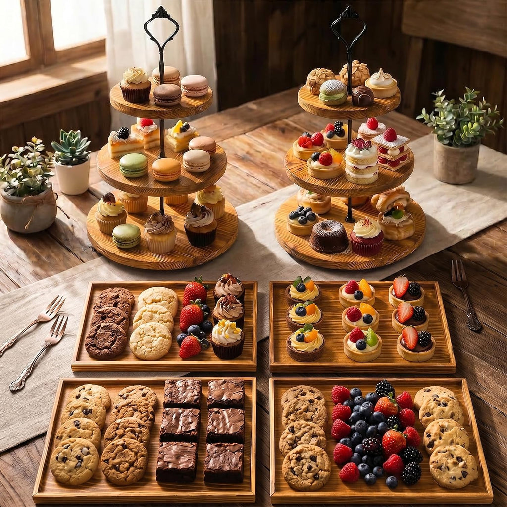 Wooden Dessert Table Display Set, 3 Tier Cupcake Stand Set with Serving Trays, Rustic Dessert Display Stand - Set of 6