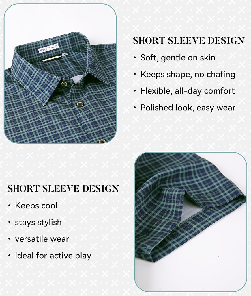 Boys Casual Button Down Shirts Short Sleeve Wrinkle Free Way Stretch Dress Shirs Plaid Shirts for Kids