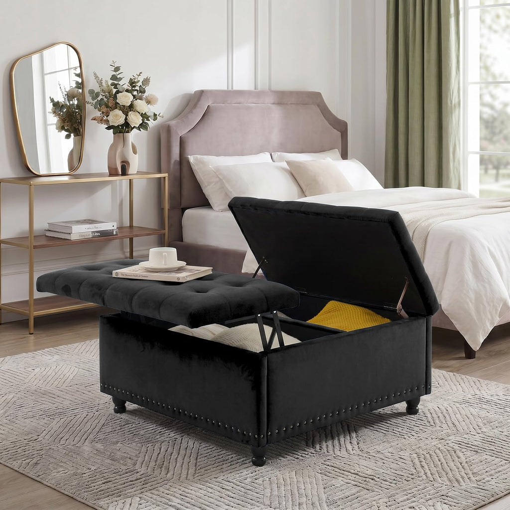 35.5 Inch Large Square Ottoman with Storage, Lift Top, Charcoal